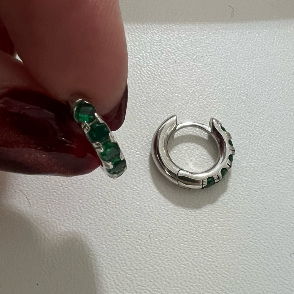 Silver and Green gems mini hoop earrings
